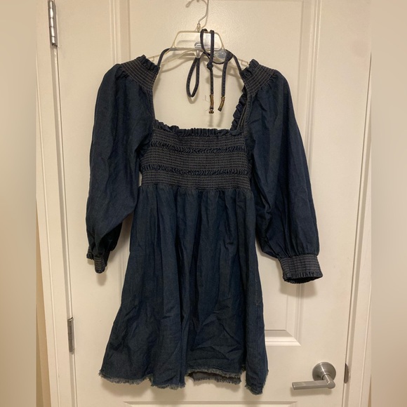 Free People This Is Everything denim Smocked Tie Neck Mini Dress M - Picture 8 of 12